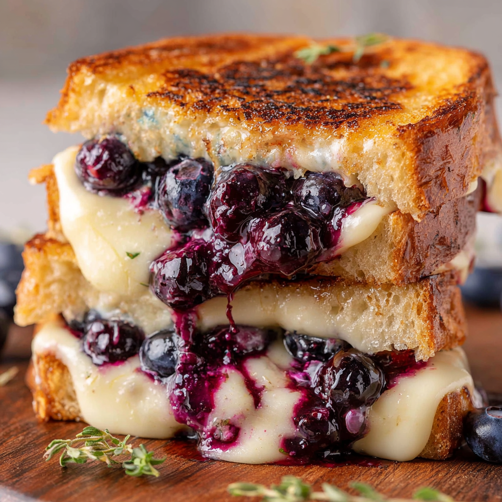 A delicious Blueberry Brie Grilled Cheese sandwich is stacked on a wooden cutting board.