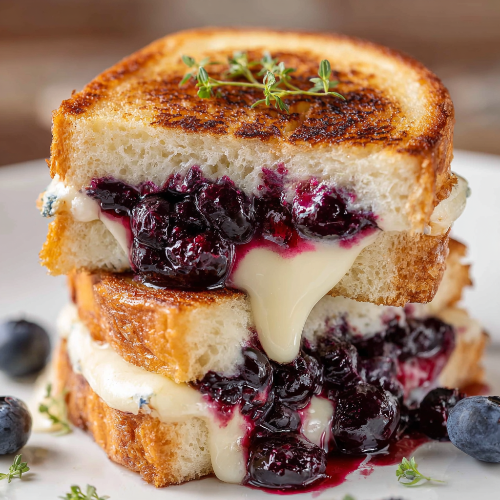 A stack of grilled cheese sandwiches with blueberries and cream.