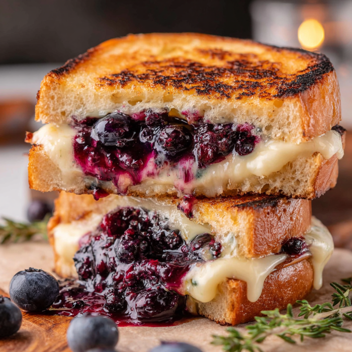 A delicious grilled cheese sandwich with blueberries and herbs.