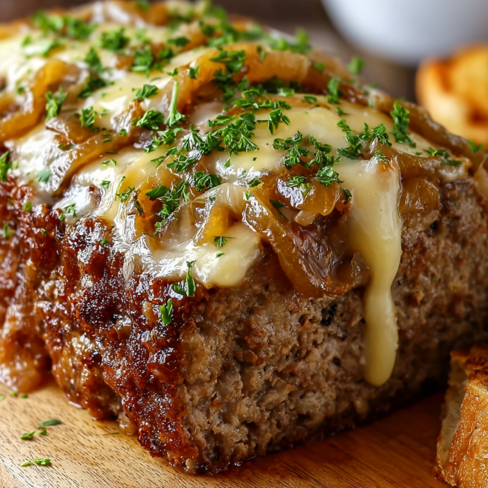 A delicious meat dish with onions and cheese, served on a wooden cutting board.