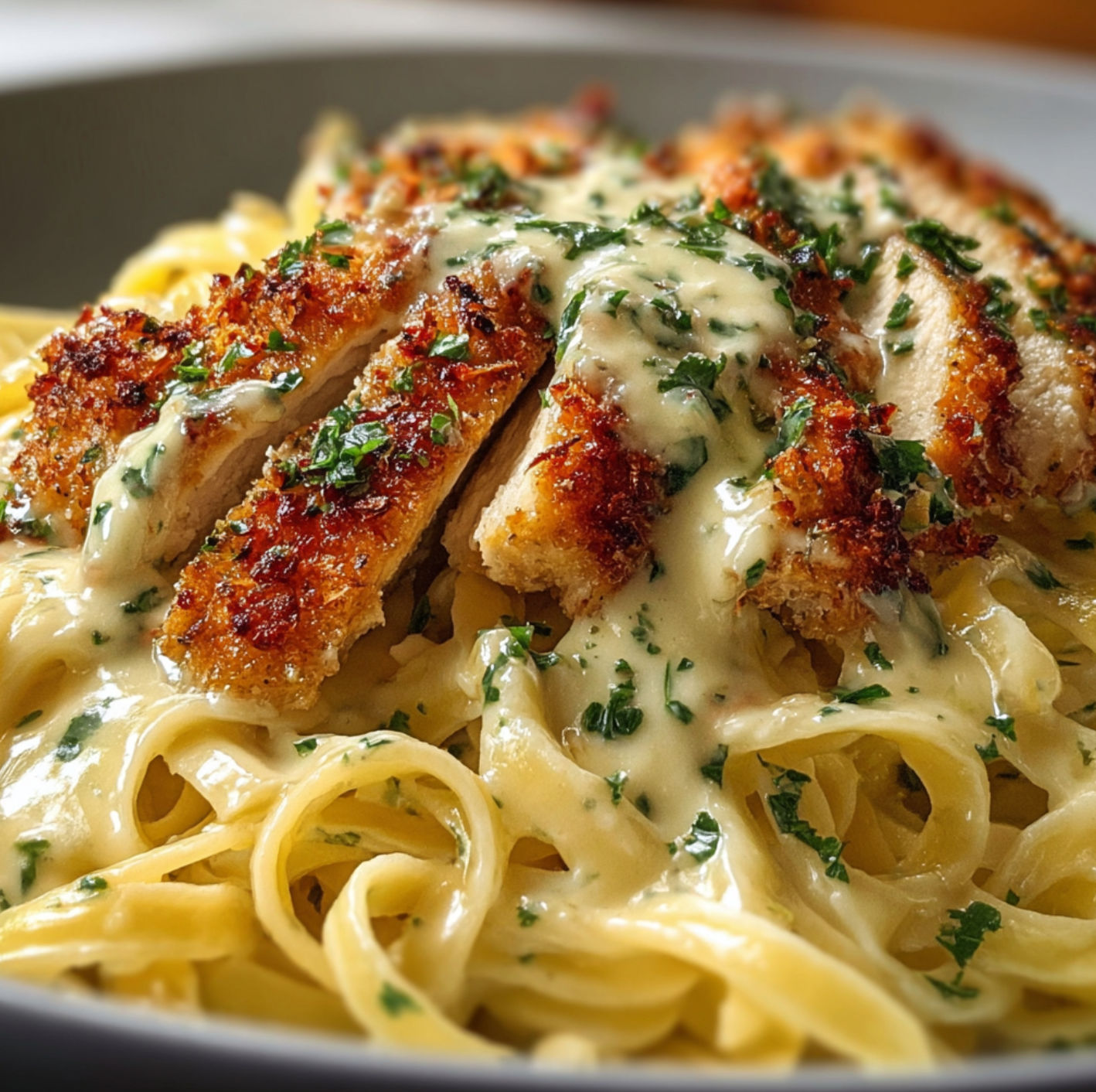 A delicious Crispy Chicken Fettuccine Alfredo dish, topped with cheese and herbs, is served in a bowl.