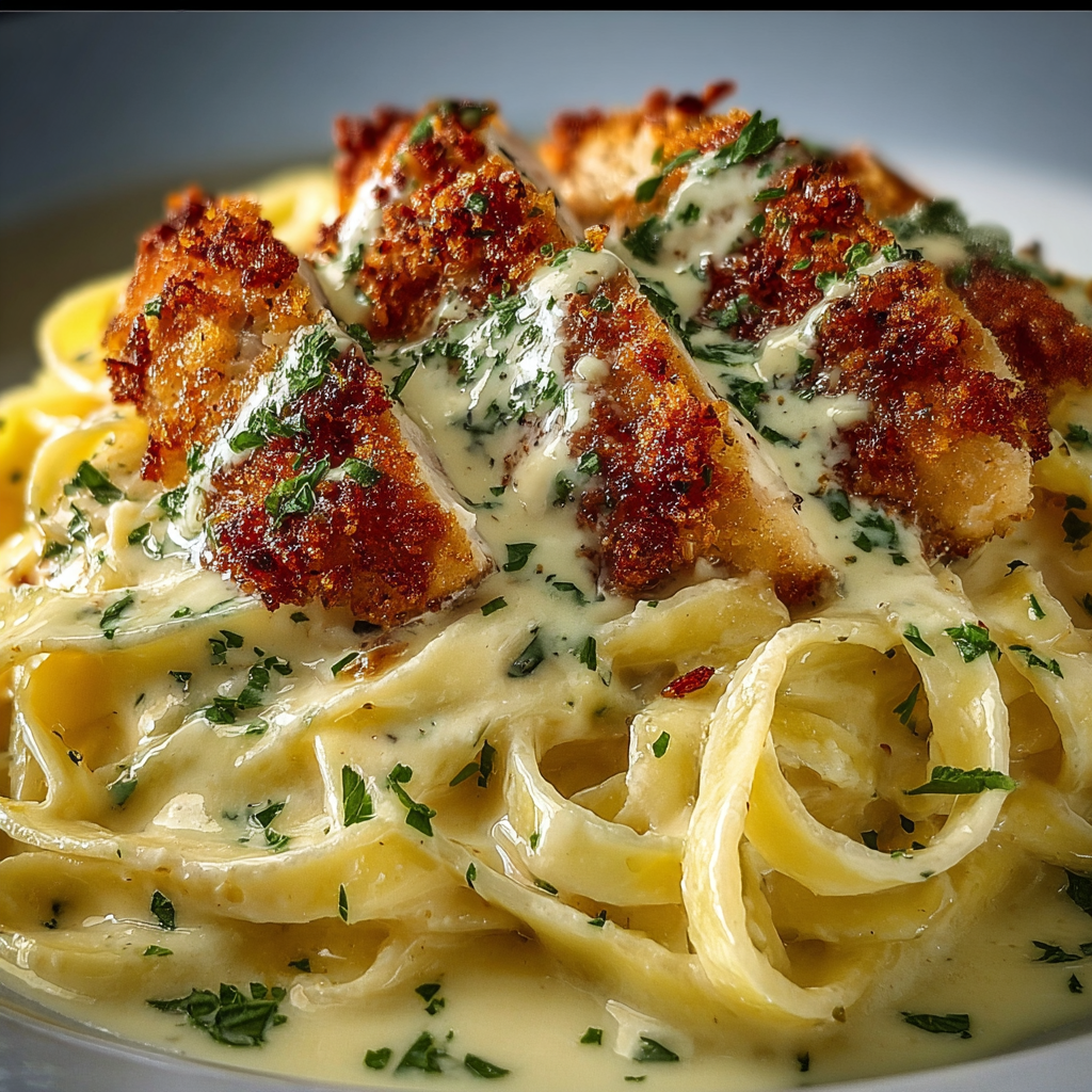 A plate of Crispy Chicken Fettuccine Alfredo with a generous amount of cheese and sauce.