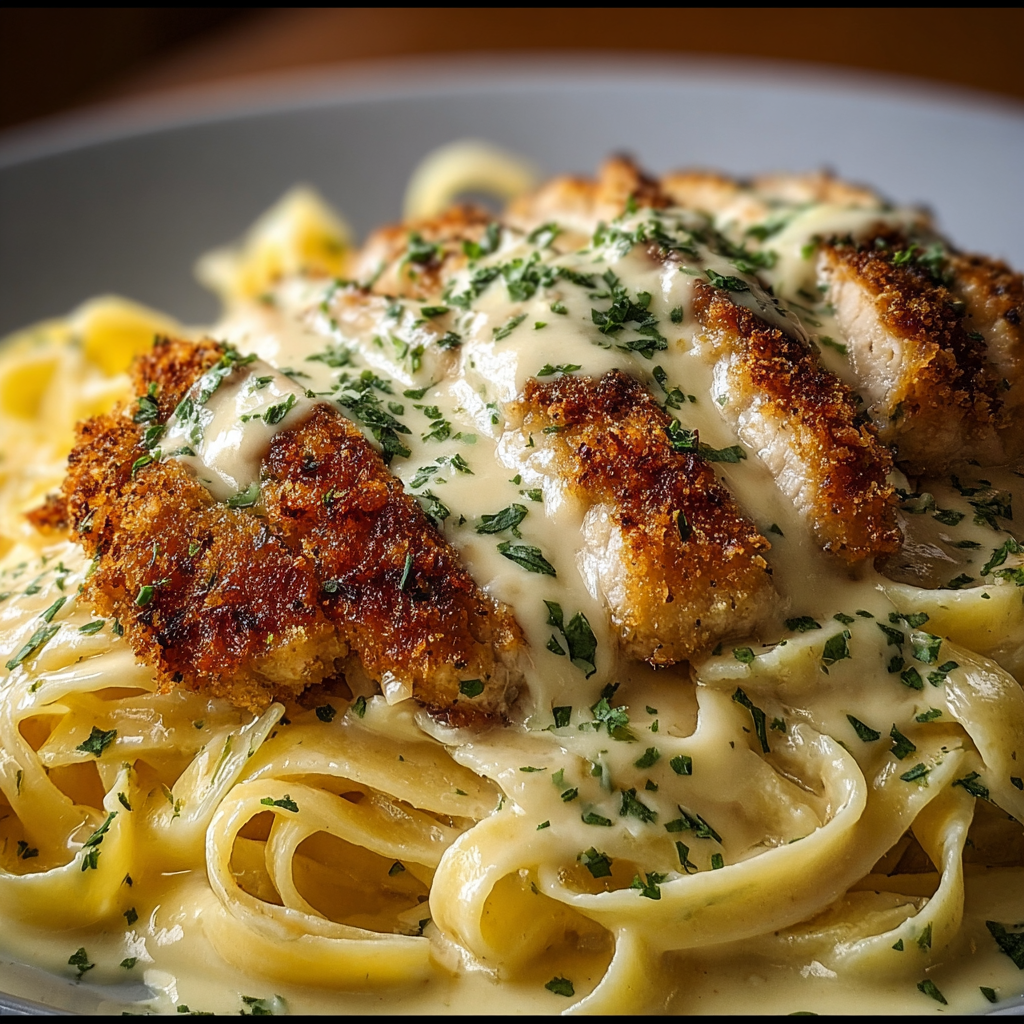 A delicious Crispy Chicken Fettuccine Alfredo dish served on a white plate.