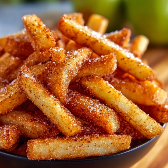 A bowl of french fries covered in sugar and cinnamon.
