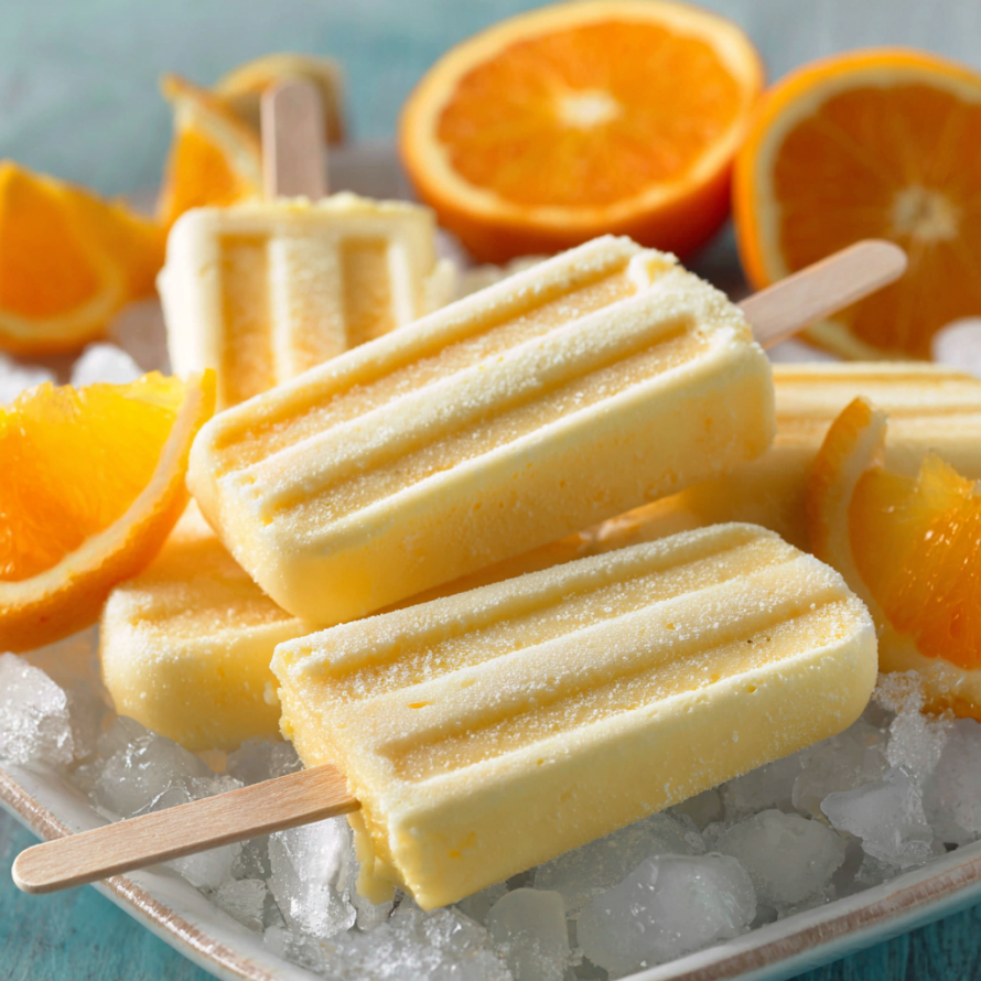 A plate of orange slices and ice cream bars, with a recipe name of "Orange Ice Cream Bars.