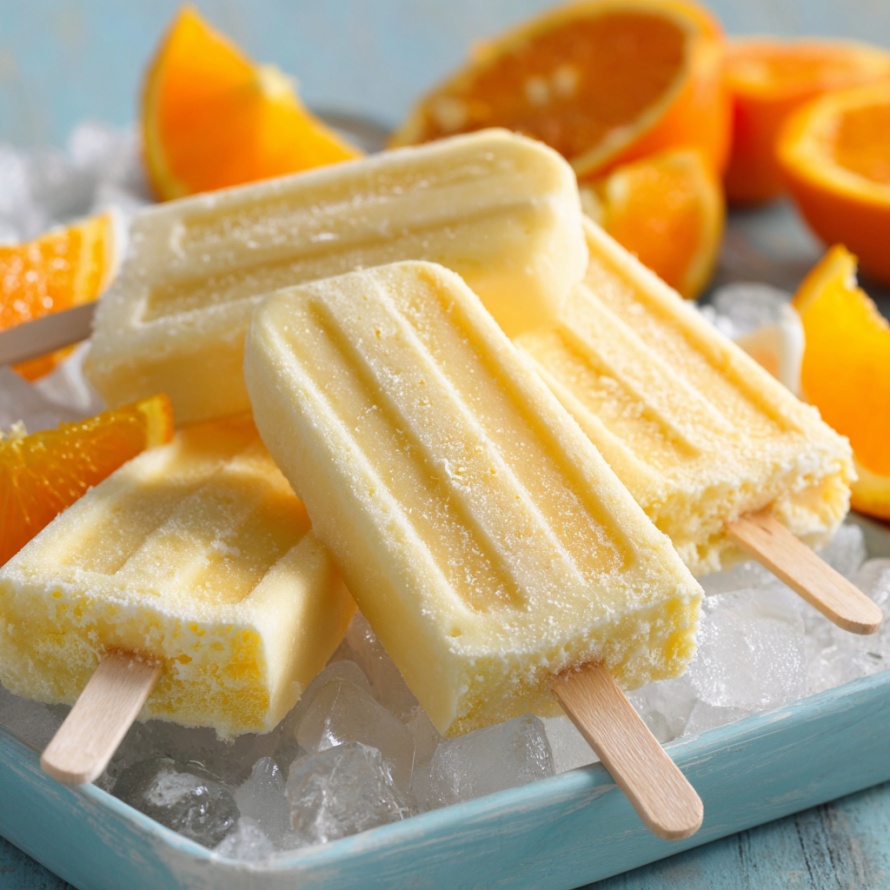 A plate of frozen orange popsicles with a blue plate and a wooden stick.