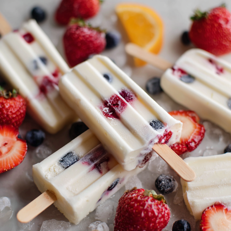 A close up of a delicious strawberry and blueberry ice cream sandwich.