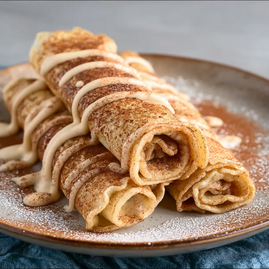 A plate of cinnamon roll protein crepes with icing on top.