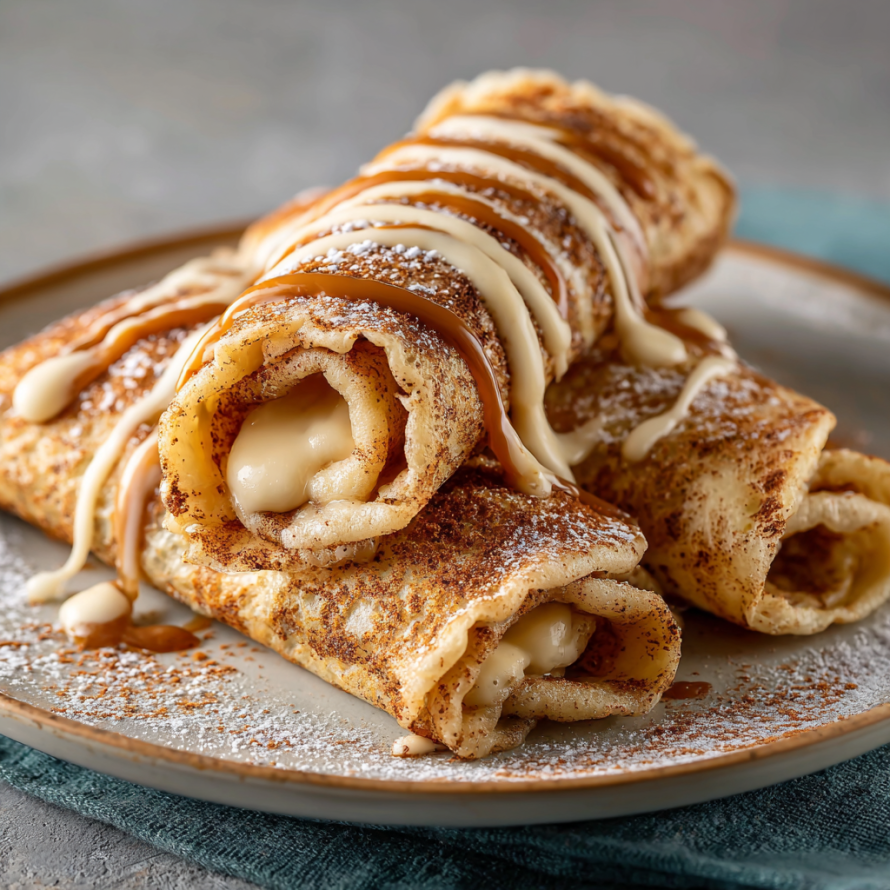 A plate of crepe rolls with powdered sugar and caramel drizzle.