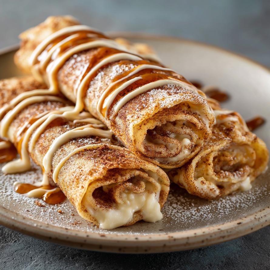 A plate of crepe rolls with powdered sugar and caramel drizzle.