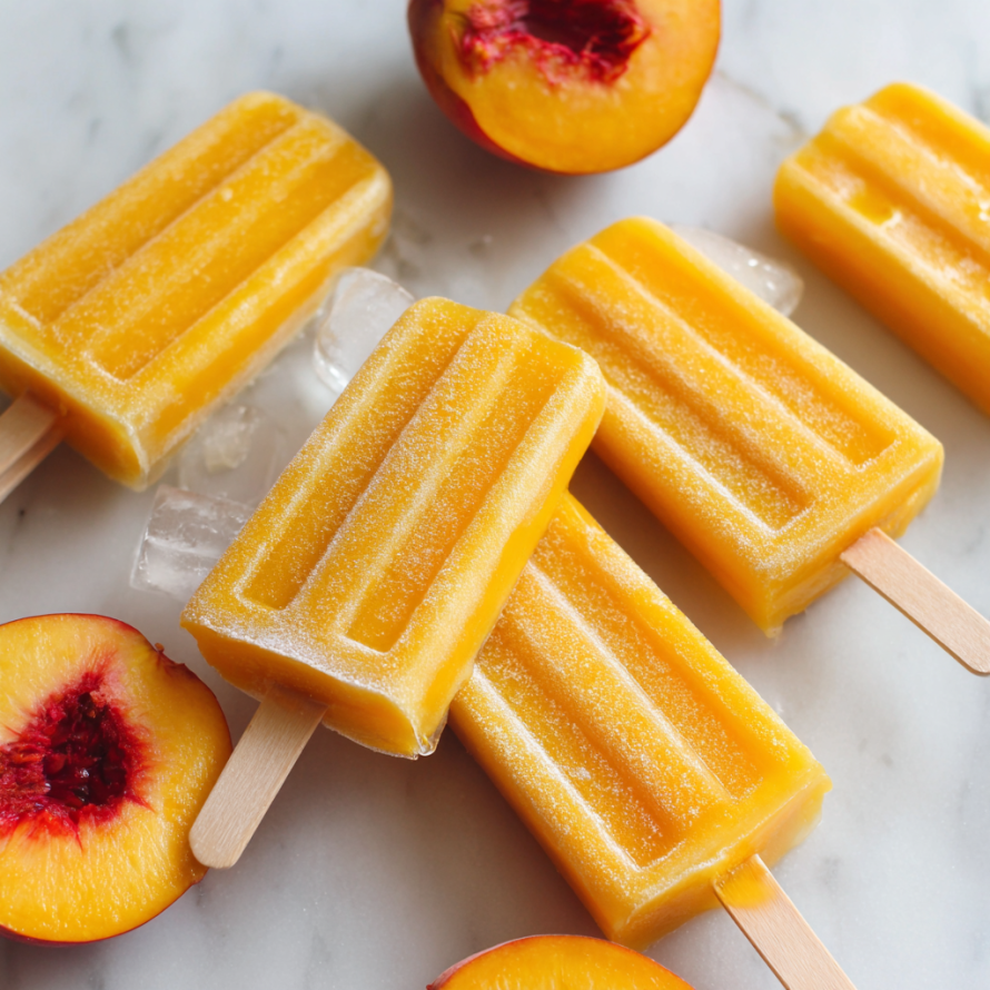A close up of a peach ice cream sandwich with a peach slice on top.