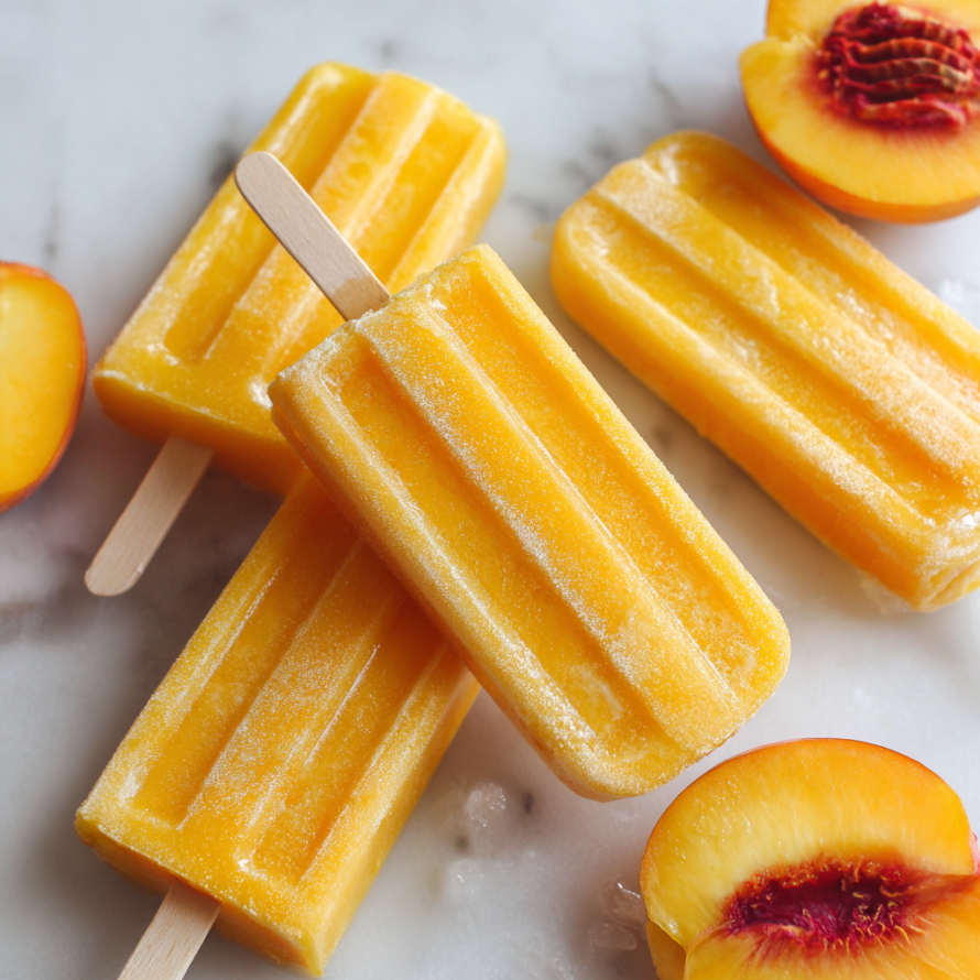 A close up of a peach and a peach ice cream cone.