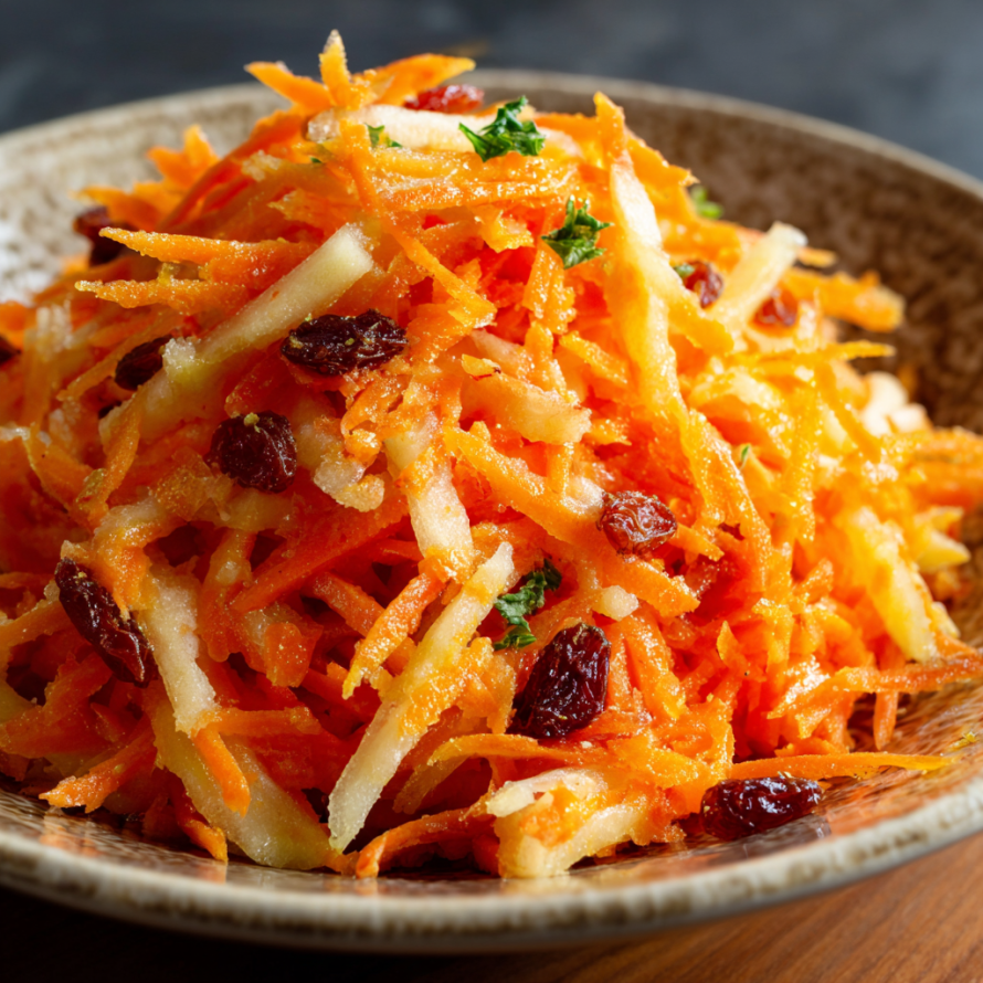 A bowl of carrots and raisins, possibly a salad or a dessert, is displayed on a wooden table.