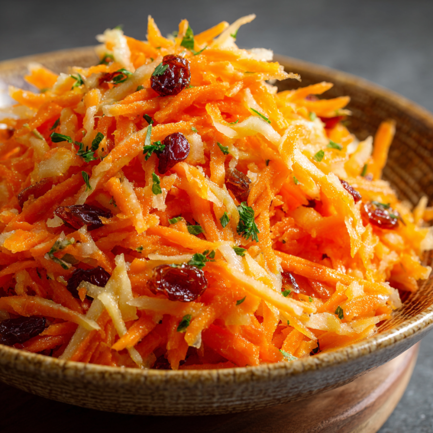 A bowl of shredded carrots with raisins and herbs, possibly a salad or a side dish.