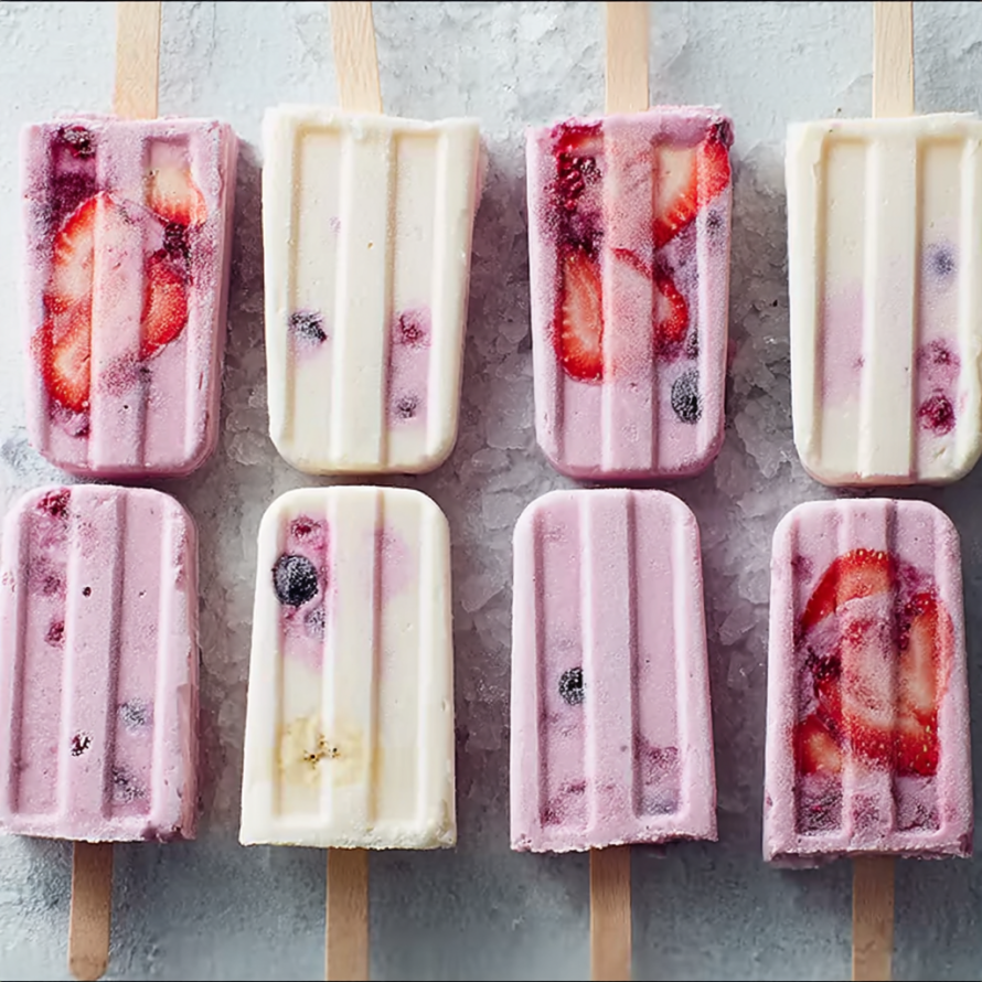 A variety of strawberry and blueberry flavored popsicles are displayed on sticks.