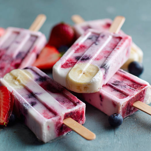 A close up of a banana split with strawberries and blueberries.