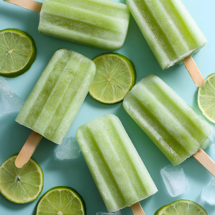 A close up of a lime green frozen treat with a wooden stick in it.