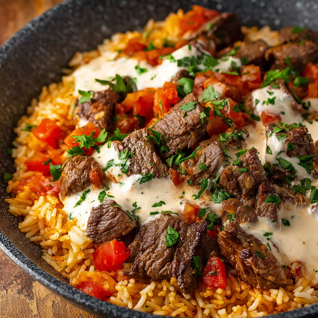 A delicious meal of steak and queso rice served in a bowl.