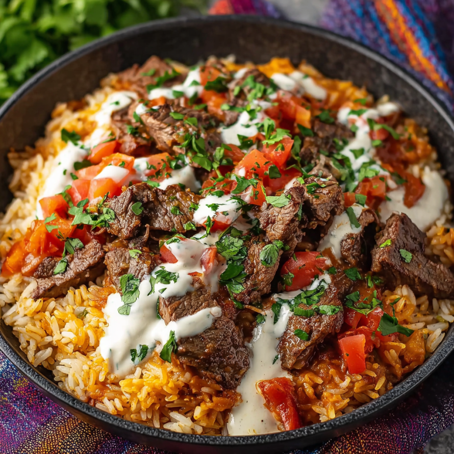 A delicious dish of beef and rice with tomatoes and cheese, served in a black bowl.