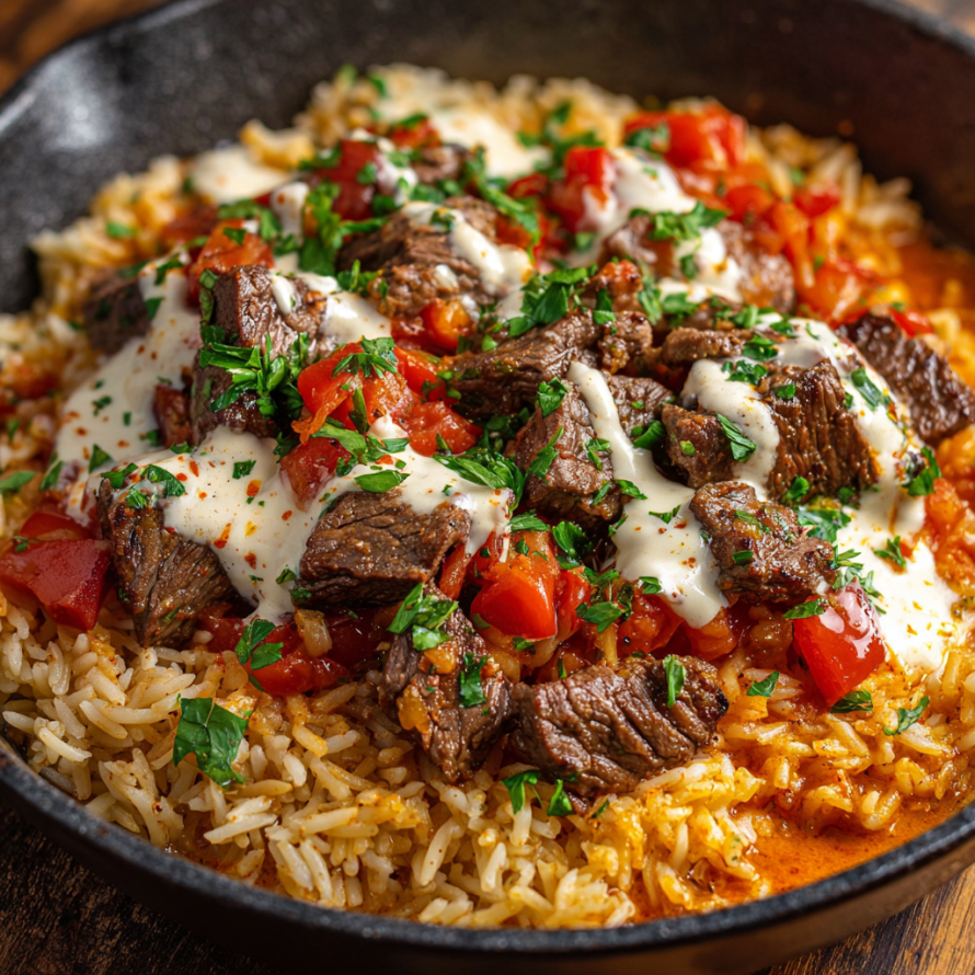 A delicious meal of beef and rice with tomatoes and cheese, served in a black bowl.