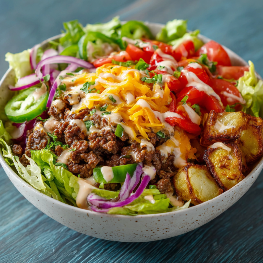 A bowl of salad with meat, cheese, and vegetables, including lettuce, tomatoes, and potatoes.