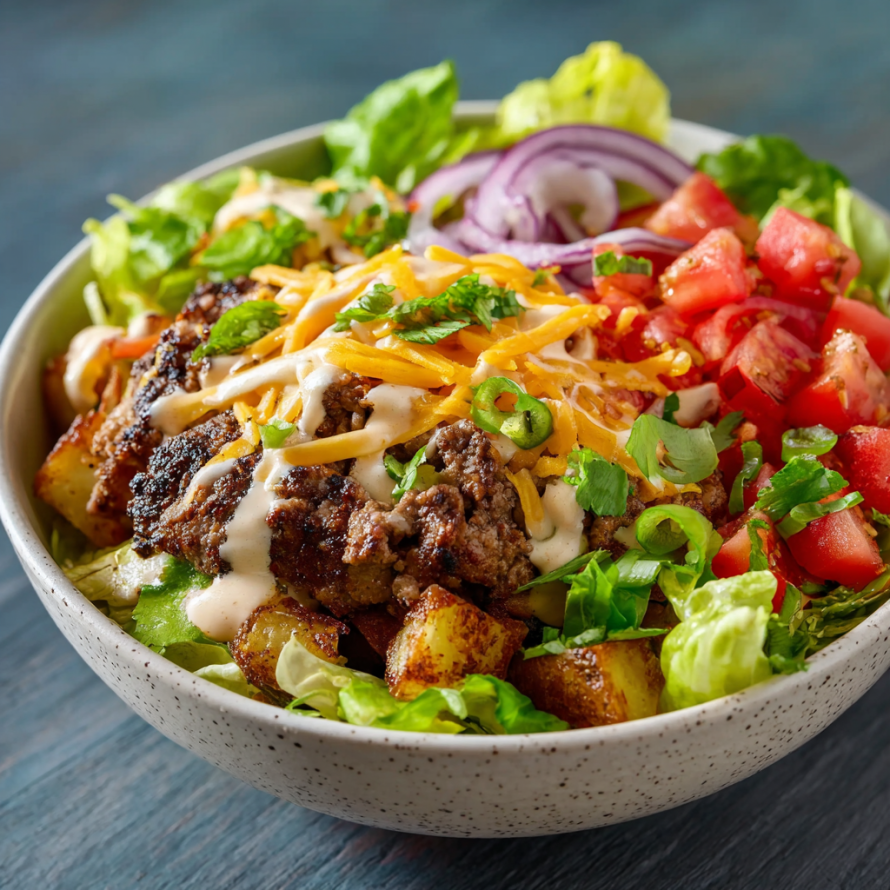 A bowl of salad with meat, cheese, and vegetables, including tomatoes and lettuce.