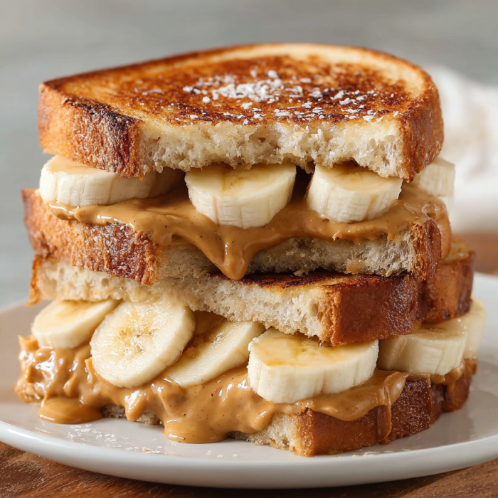 A stack of banana sandwiches with peanut butter and bananas on a plate.