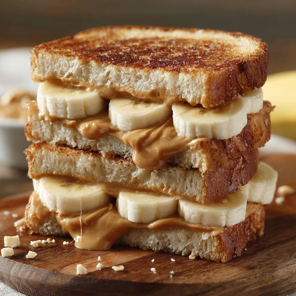 A stack of banana sandwiches with peanut butter and bananas.