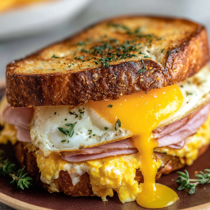 A delicious Egg and Ham Breakfast Sandwich is served on a plate.