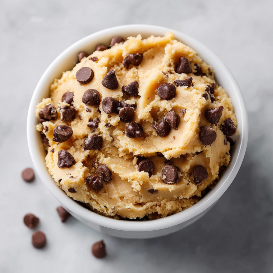 A bowl of chocolate chip cookie dough with chocolate chips on top.