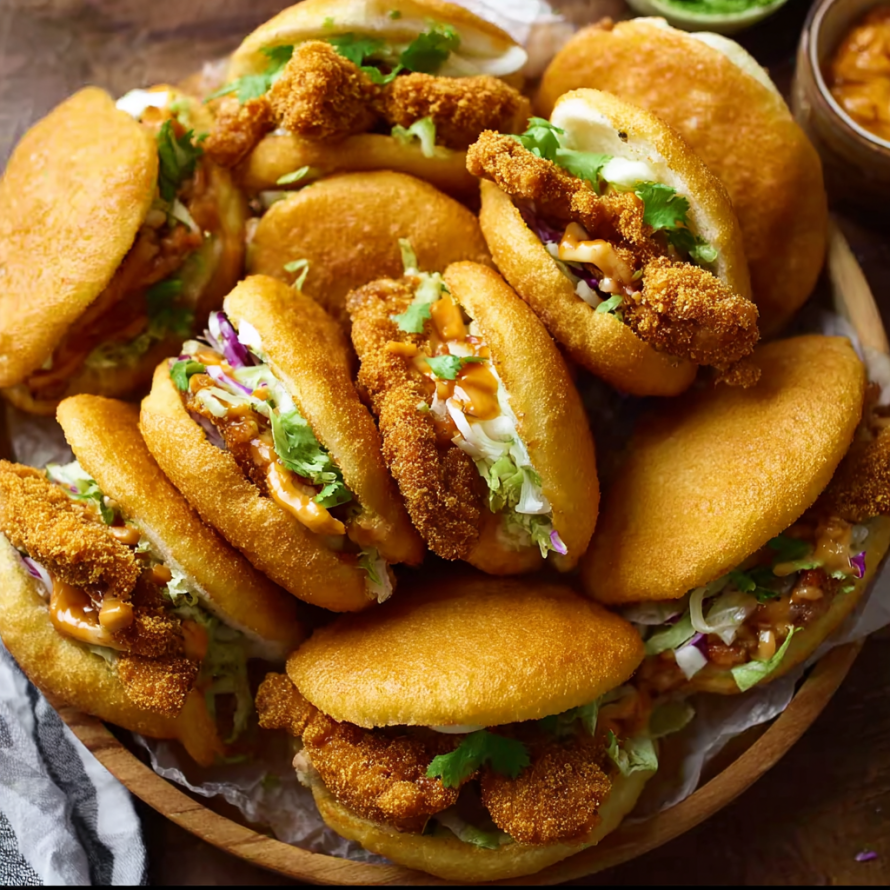 A plate of sandwiches with various fillings, including chicken, lettuce, and sauce.