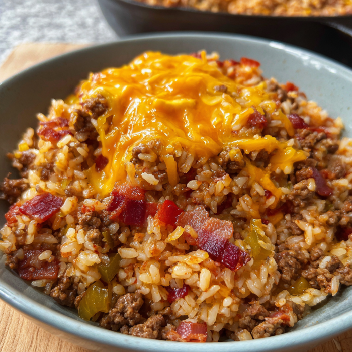 A bowl of rice with bacon cheeseburger topping.