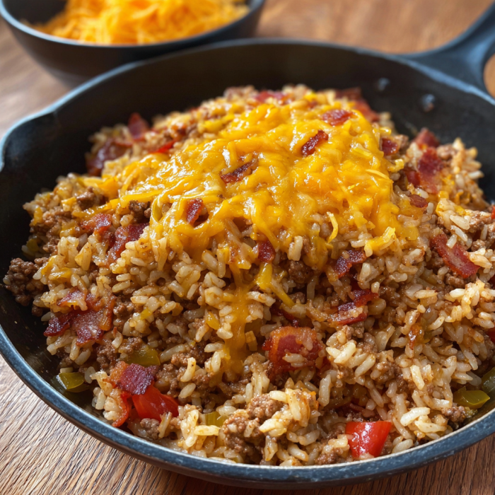 A delicious meal of rice and meat, topped with cheese and bacon, served in a black skillet.