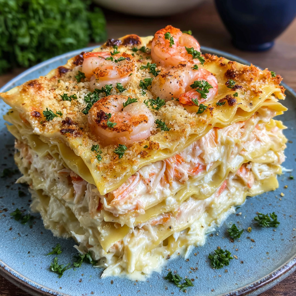 A delicious seafood lasagna with shrimp and crab on top.