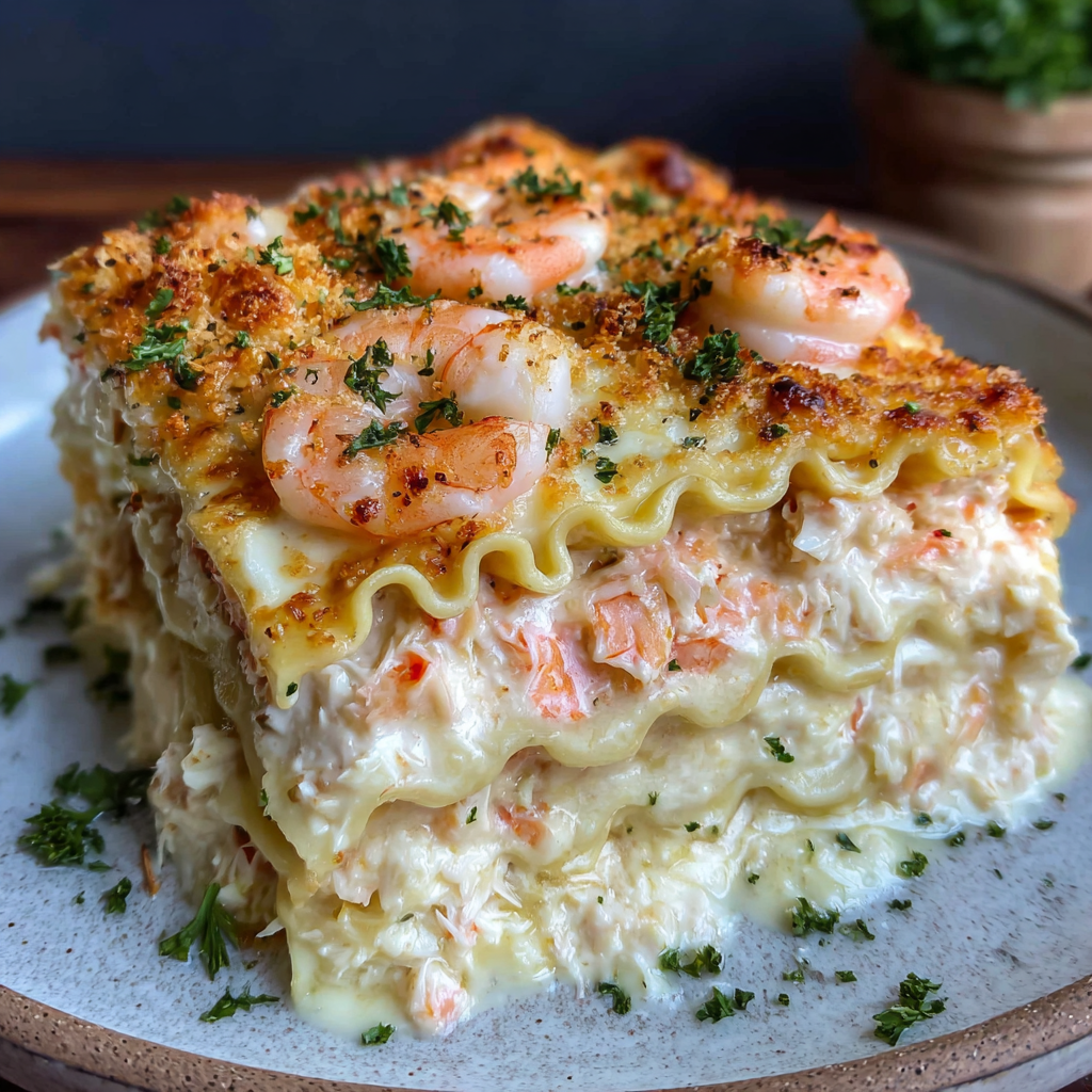 A delicious seafood dish with shrimp and scallops, served on a plate with a green garnish.
