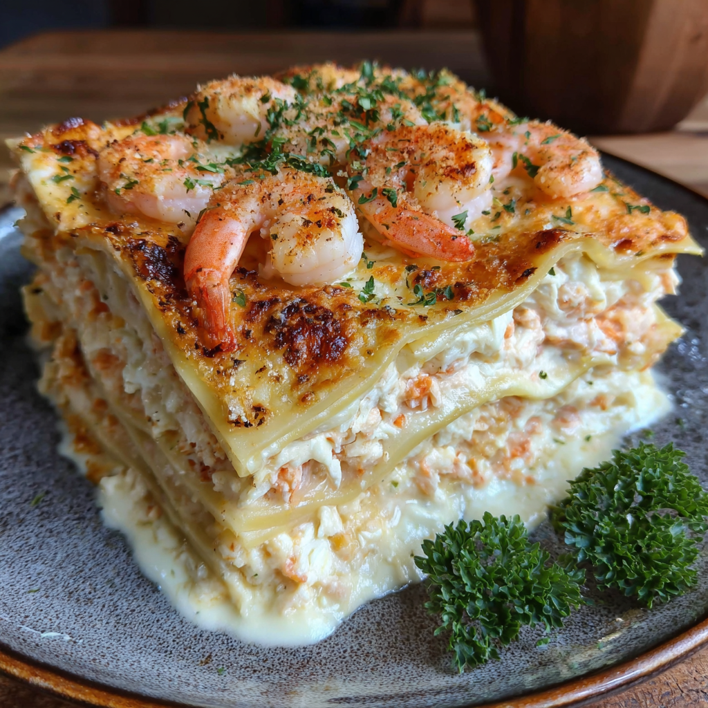 A delicious seafood dish, possibly a shrimp and crab casserole, is served on a plate.