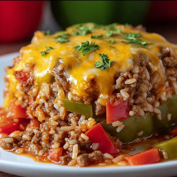 A delicious beef and rice casserole is served on a white plate.