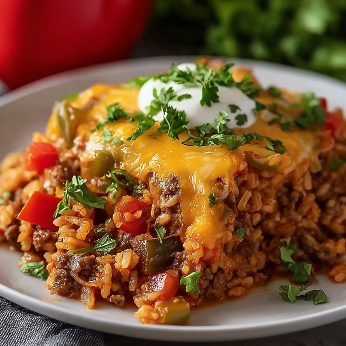 A delicious beef stuffed pepper casserole is served on a white plate.