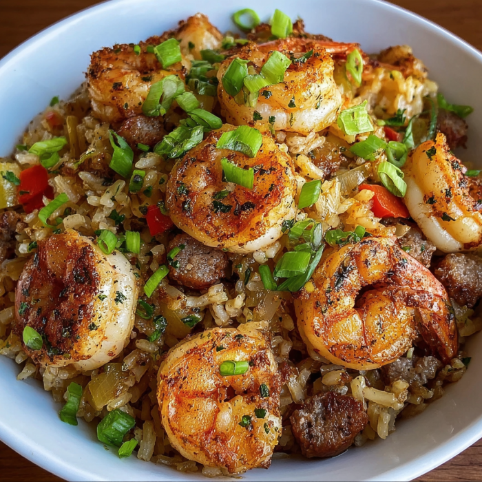 A bowl of shrimp and rice with green onions and peppers.