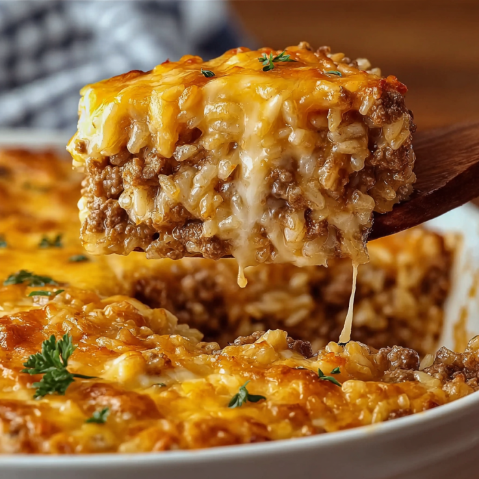 A person is taking a slice of cheesy ground beef rice casserole.