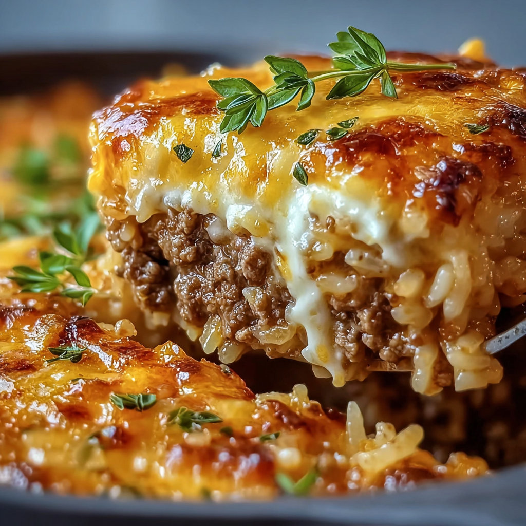 A close up of a delicious casserole dish with rice and meat.