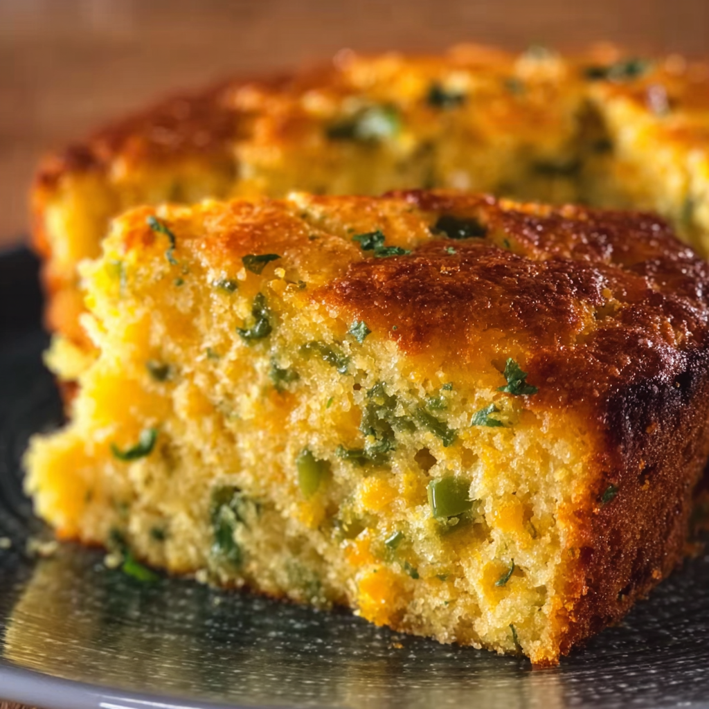A slice of cornbread with green vegetables on top.