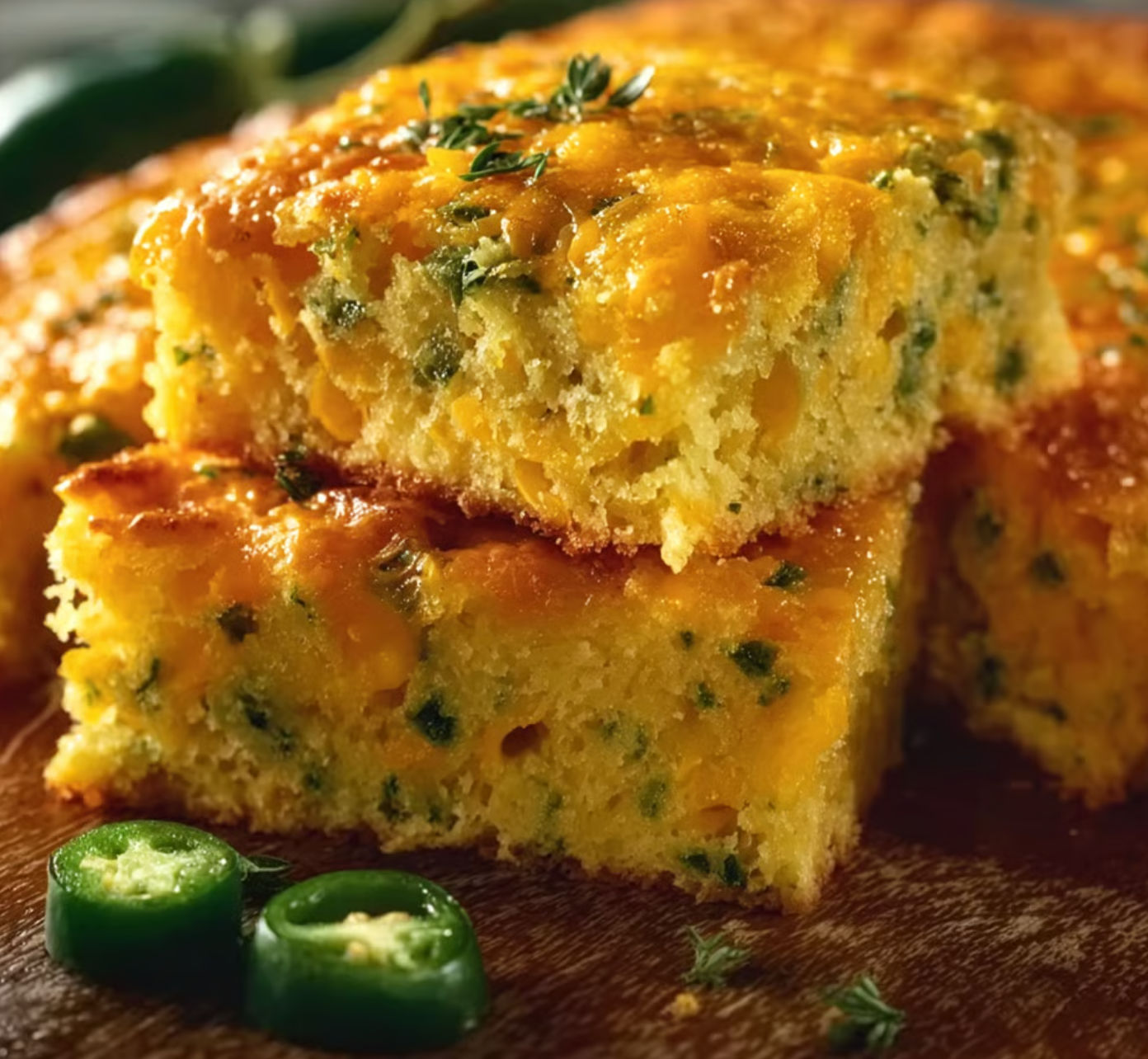 A slice of Southern Cheddar Jalapeño Cornbread Bake is displayed on a wooden table.