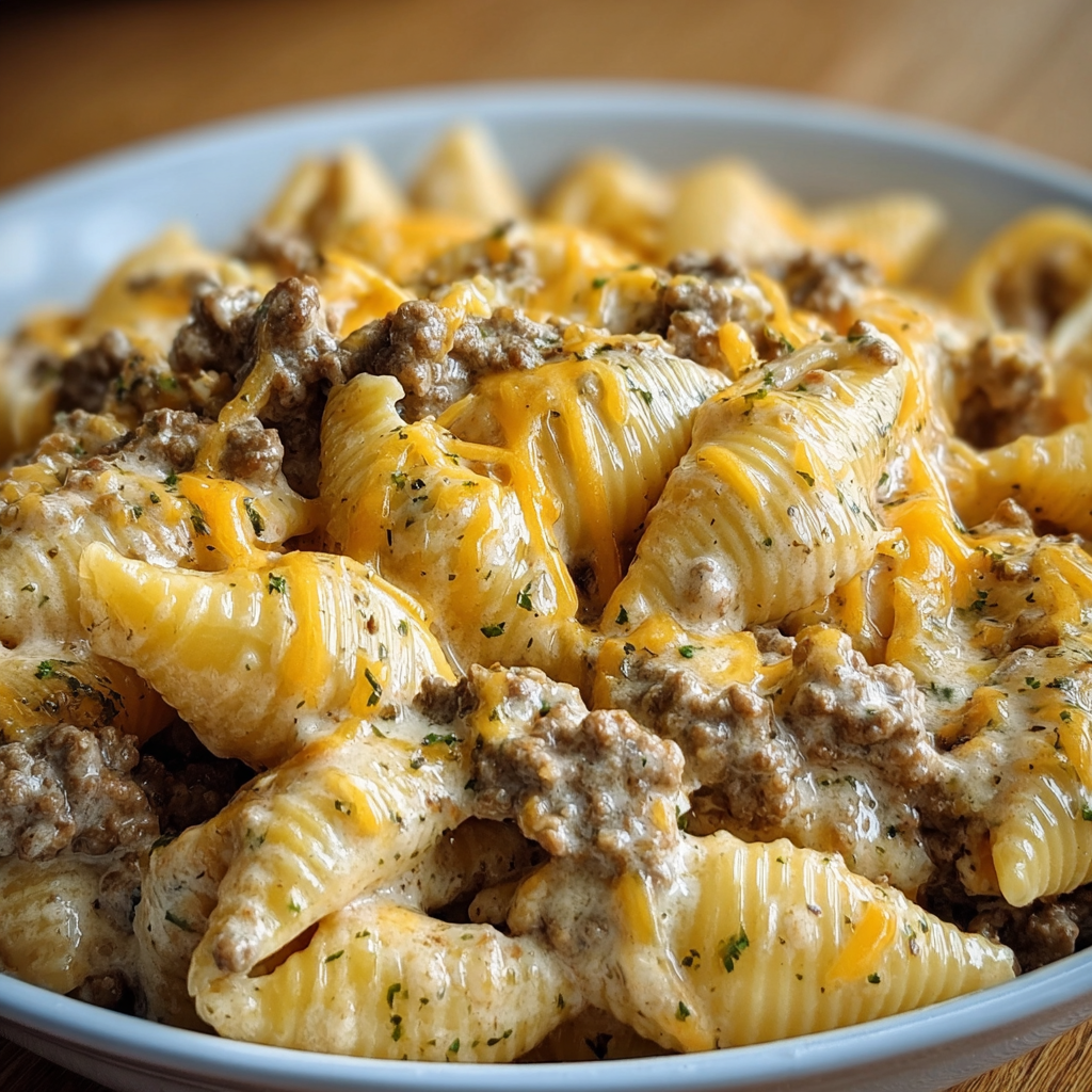 A bowl filled with pasta and meat, likely beef, in a cheesy ranch sauce.