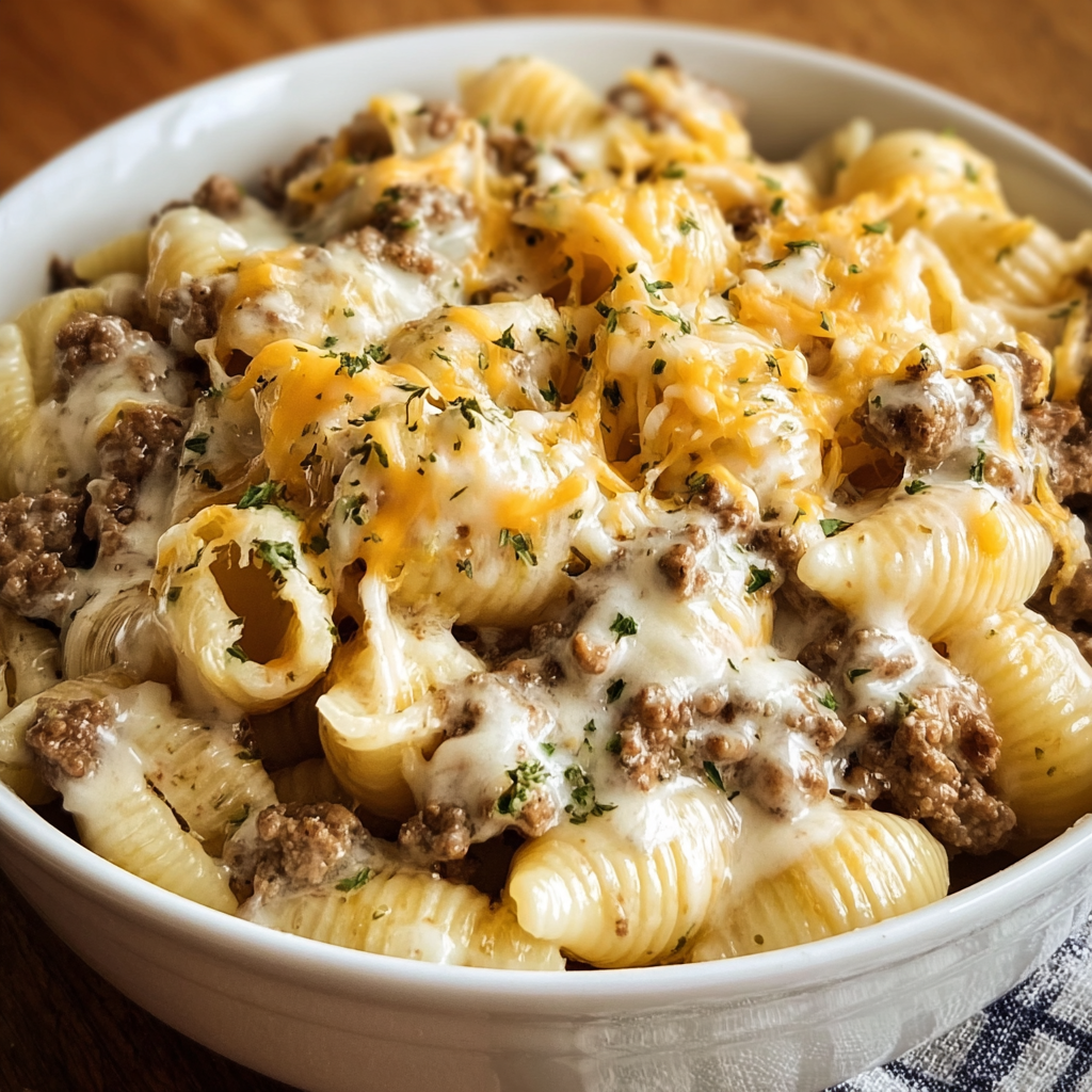 A bowl of pasta with cheese and beef in a crockpot.