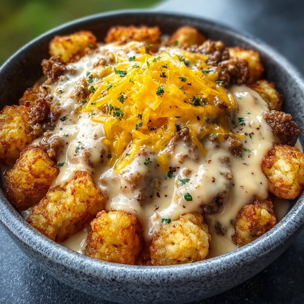 A bowl of tater tots covered in cheese and sausage gravy.