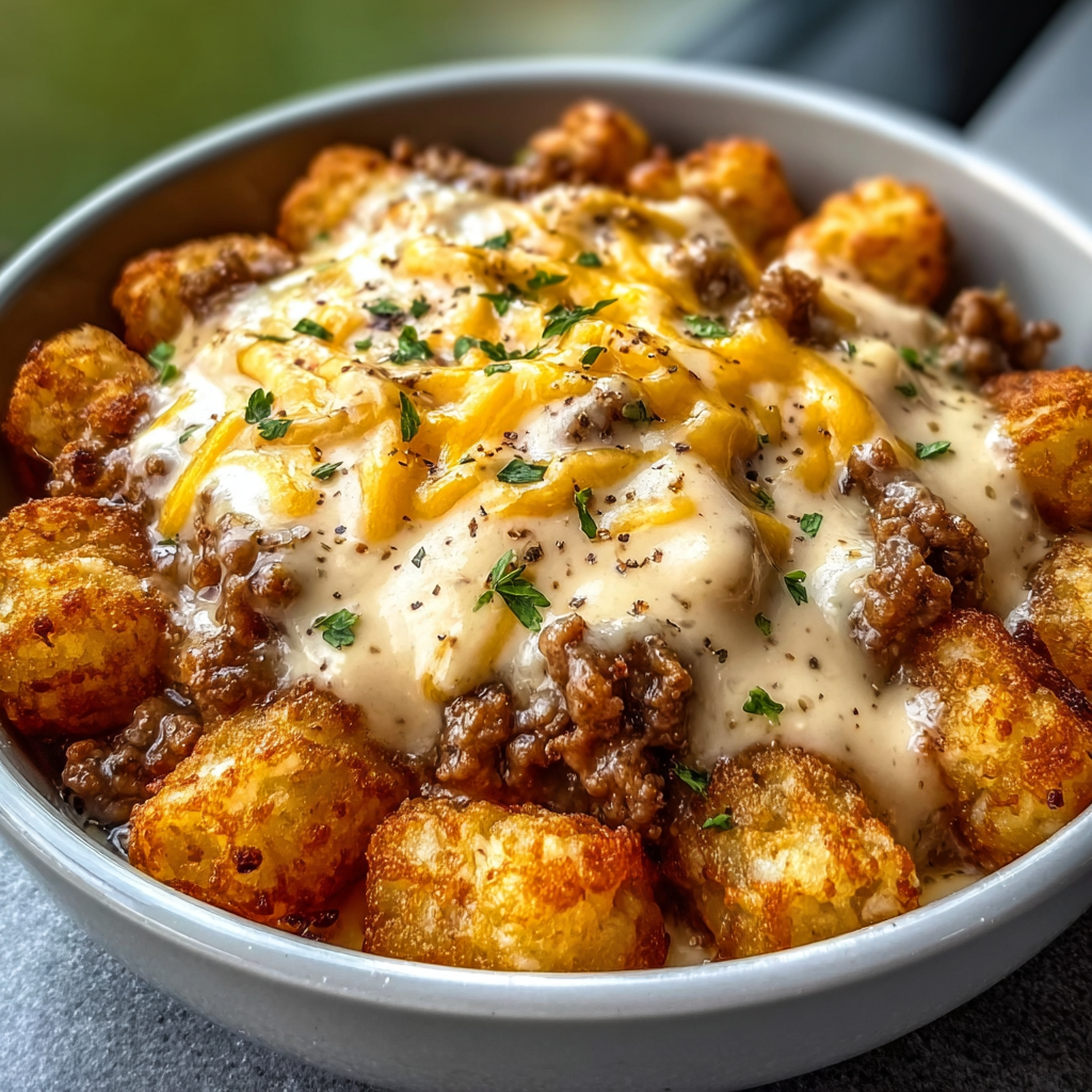 A bowl filled with tater tots and sausage gravy.