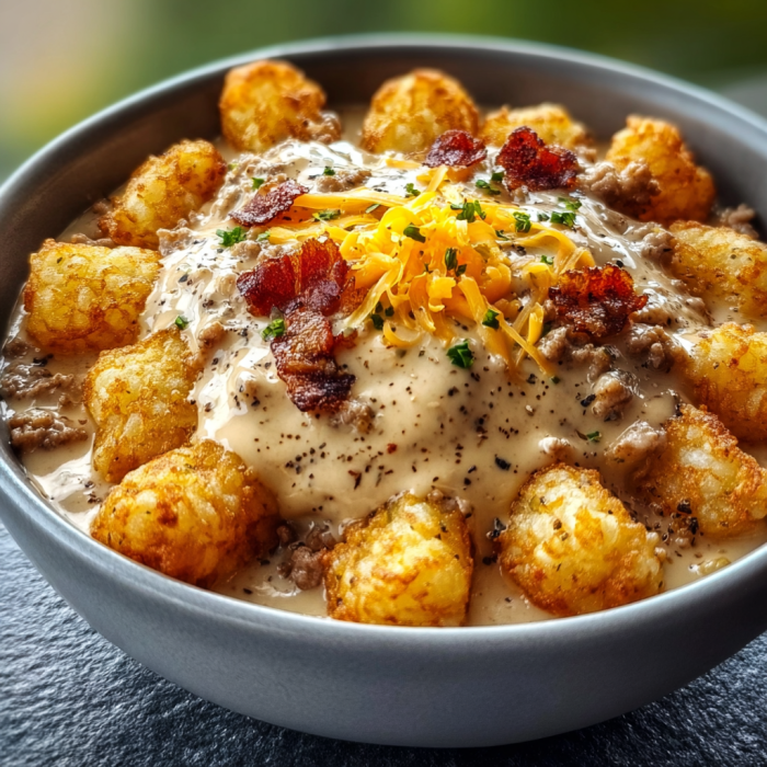 A bowl of delicious Tater Tot Breakfast Bowl with Sausage Gravy.