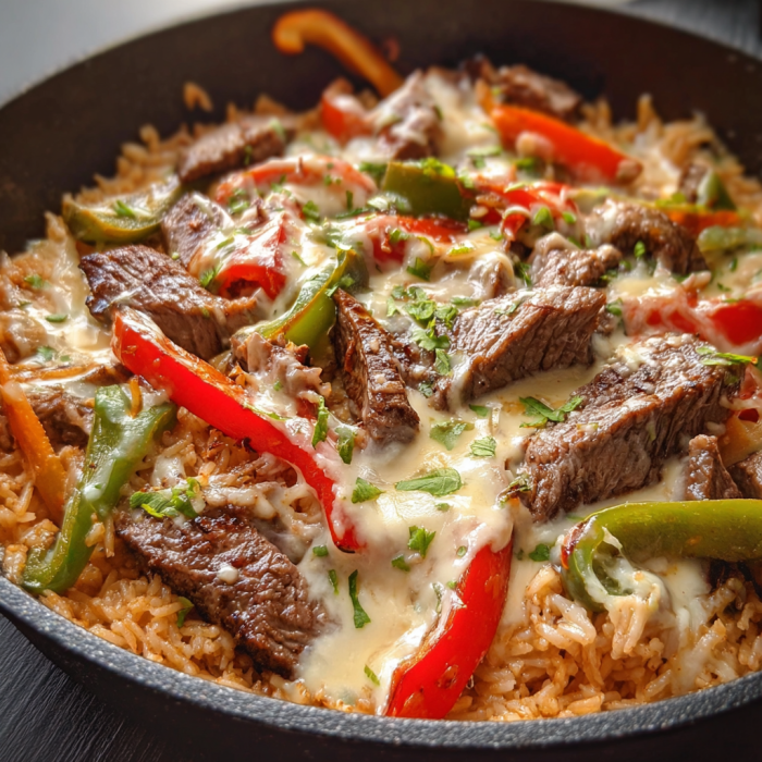 A delicious stir fry with rice, meat, and vegetables, including peppers and onions, is served in a black pan.
