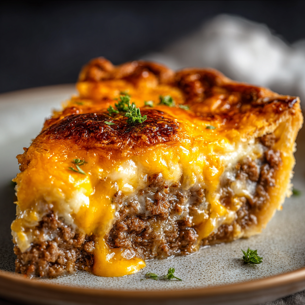 A slice of cheesy meat pie on a plate.